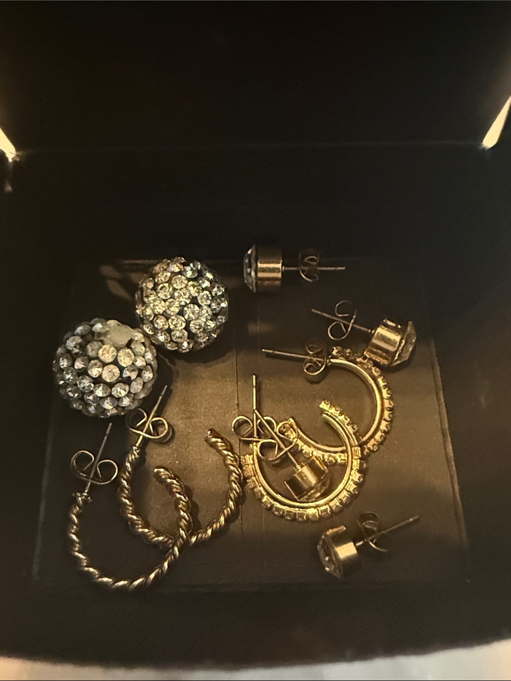 Earring Ensemble Gold Crystal, Twist Hoops + Crystal Ball Backing and More……